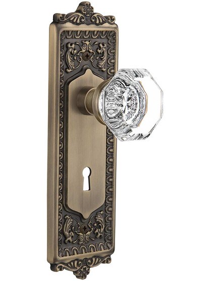 Egg and Dart Door Set with Waldorf-Crystal Glass Knobs and Keyhole - 2 3/8 in Antique Brass.